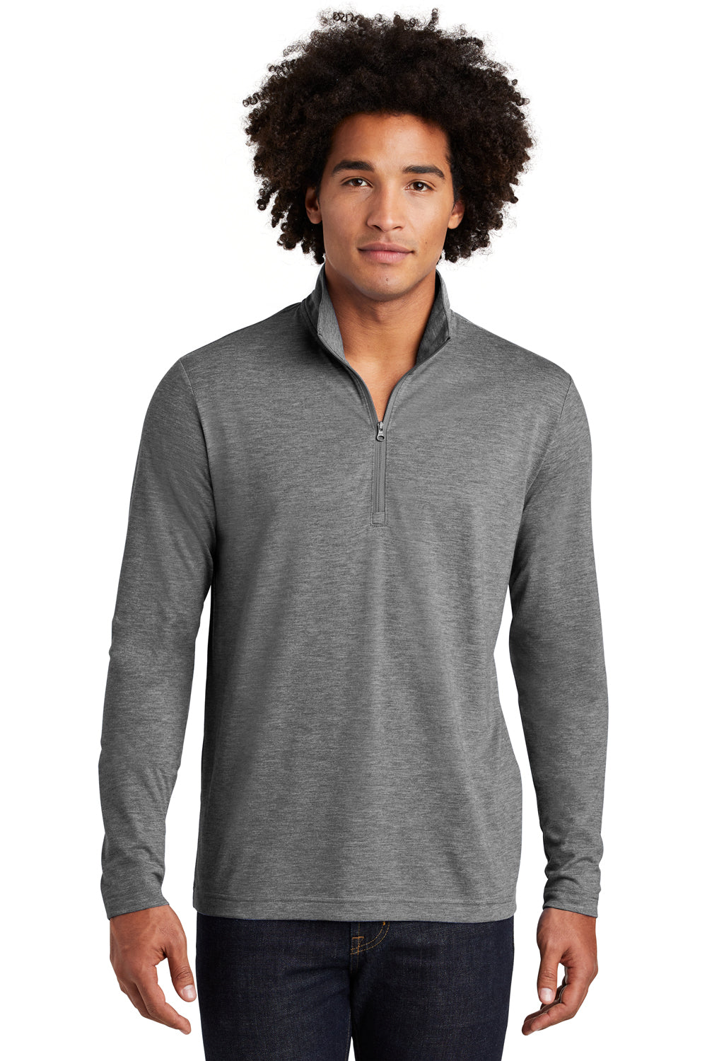 Sport-Tek ST407 Mens Moisture Wicking 1/4 Zip Sweatshirt Heather Dark Grey Model Front