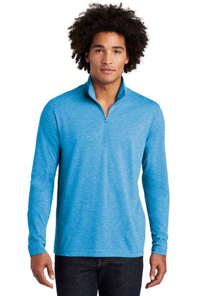 Sport-Tek ST407 Mens Moisture Wicking 1/4 Zip Sweatshirt Heather Pond Blue Model Front