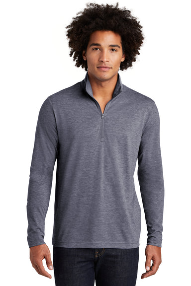 Sport-Tek ST407 Mens Moisture Wicking 1/4 Zip Sweatshirt Heather True Navy Blue Model Front