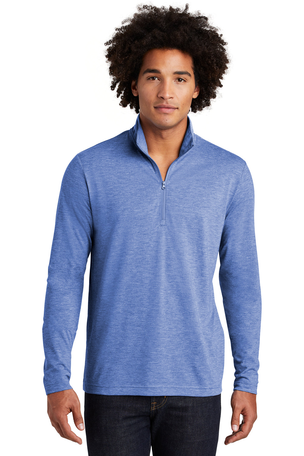 Sport-Tek ST407 Mens Moisture Wicking 1/4 Zip Sweatshirt Heather True Royal Blue Model Front