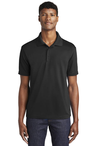 Sport-Tek ST640 Mens RacerMesh Moisture Wicking Short Sleeve Polo Shirt Black Model Front