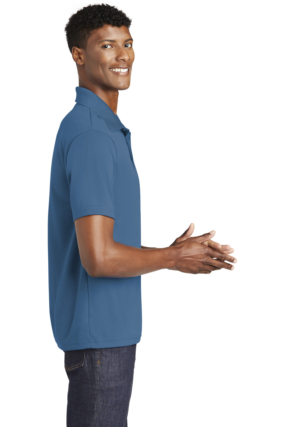 Sport-Tek ST640 Mens RacerMesh Moisture Wicking Short Sleeve Polo Shirt Dawn Blue Model Side