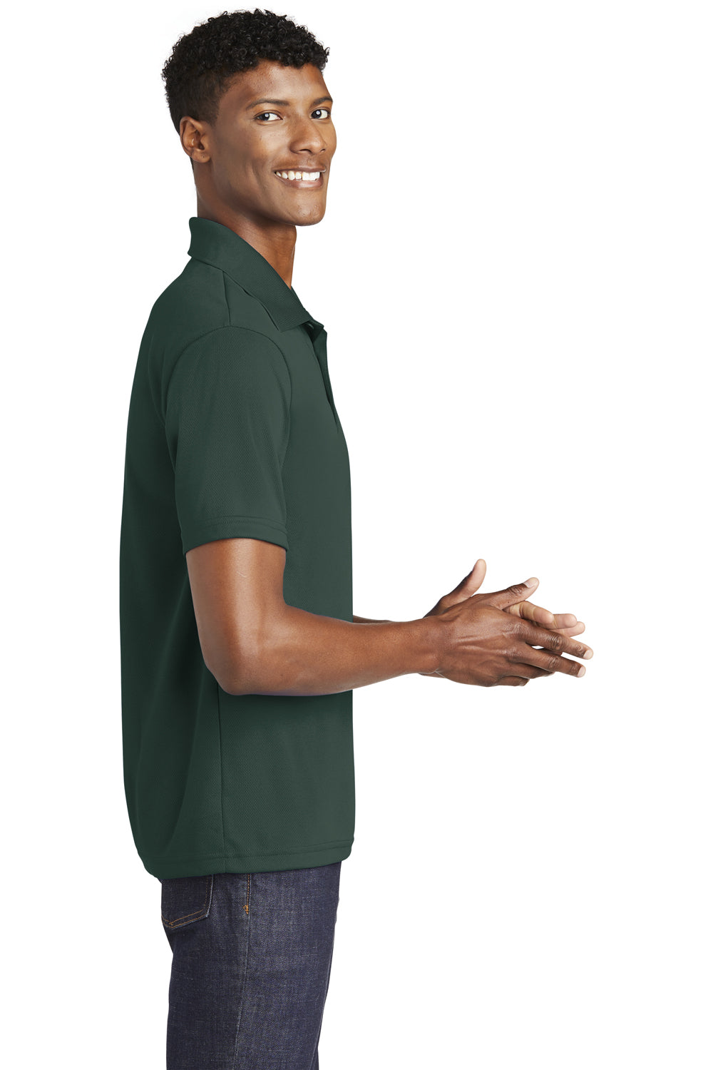 Sport-Tek ST640 Mens RacerMesh Moisture Wicking Short Sleeve Polo Shirt Dark Forest Green Model Side