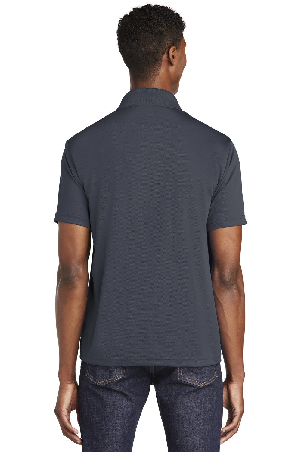 Sport-Tek ST640 Mens RacerMesh Moisture Wicking Short Sleeve Polo Shirt Graphite Grey Model Back