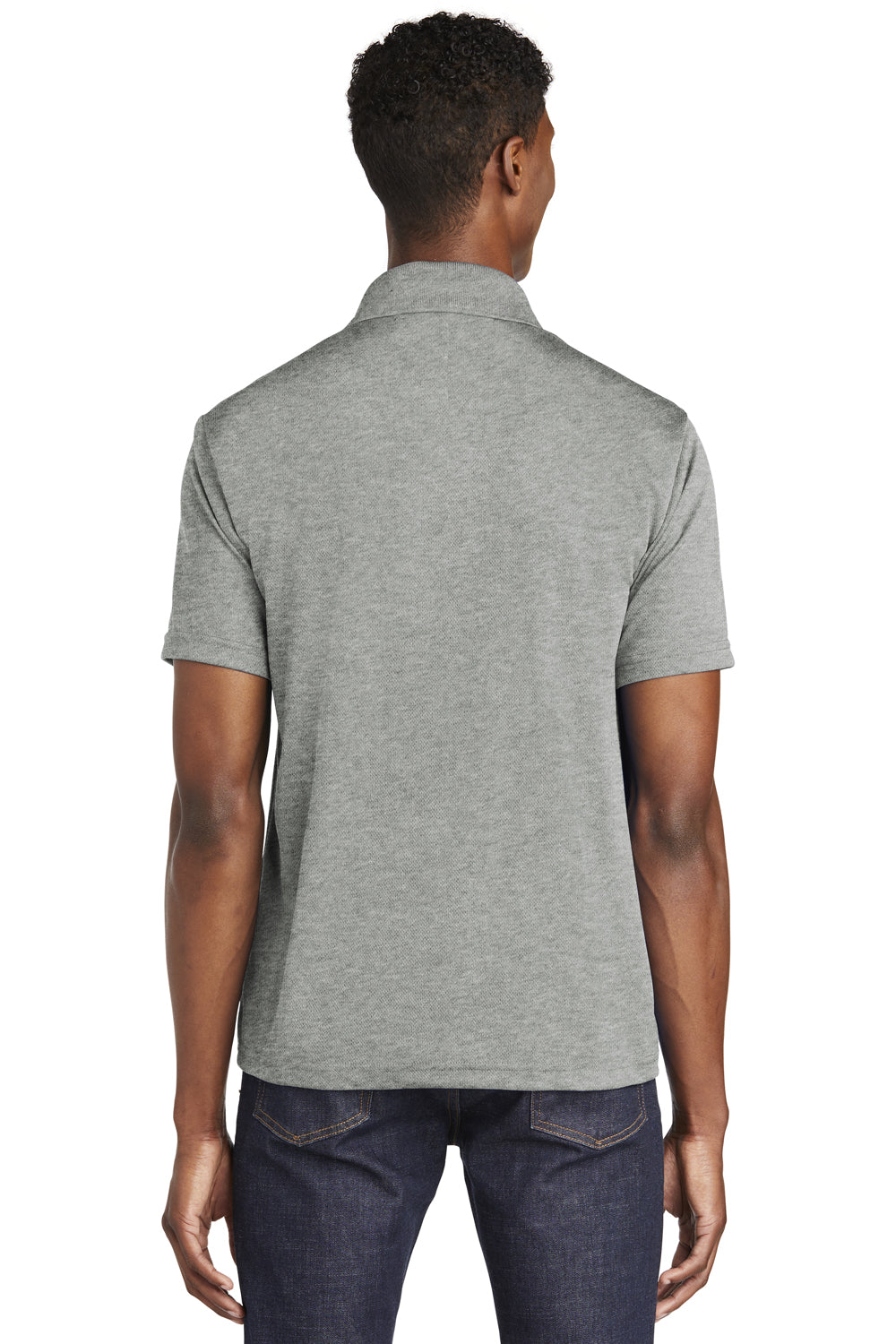 Sport-Tek ST640 Mens RacerMesh Moisture Wicking Short Sleeve Polo Shirt Heather Grey Model Back