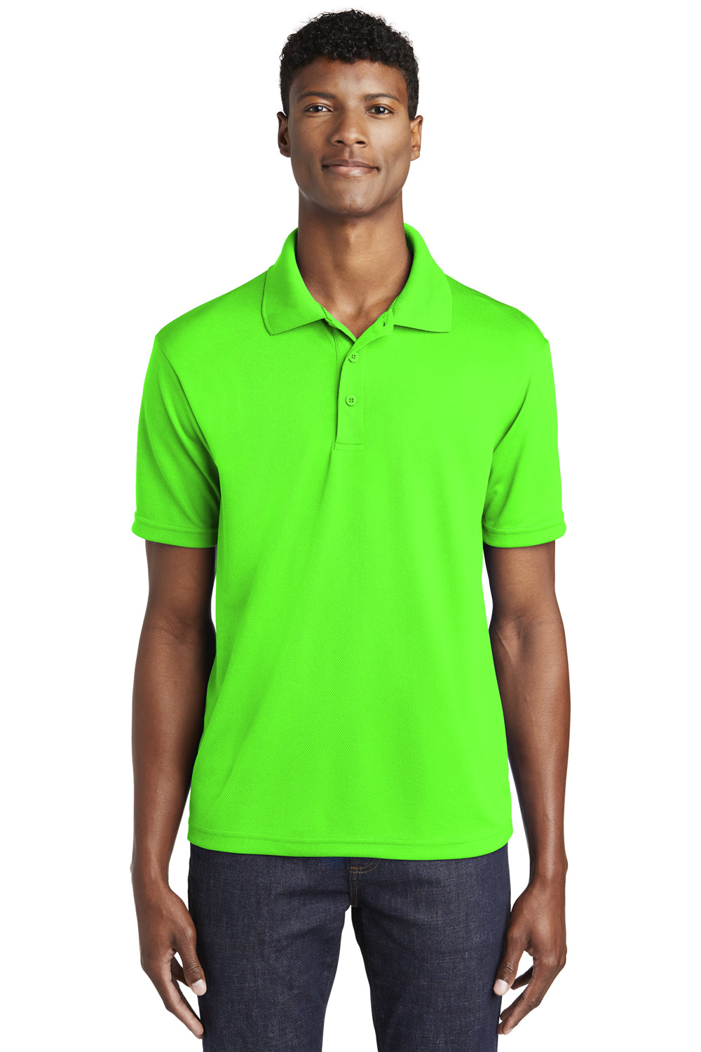 Sport-Tek ST640 Mens RacerMesh Moisture Wicking Short Sleeve Polo Shirt Neon Green Model Front