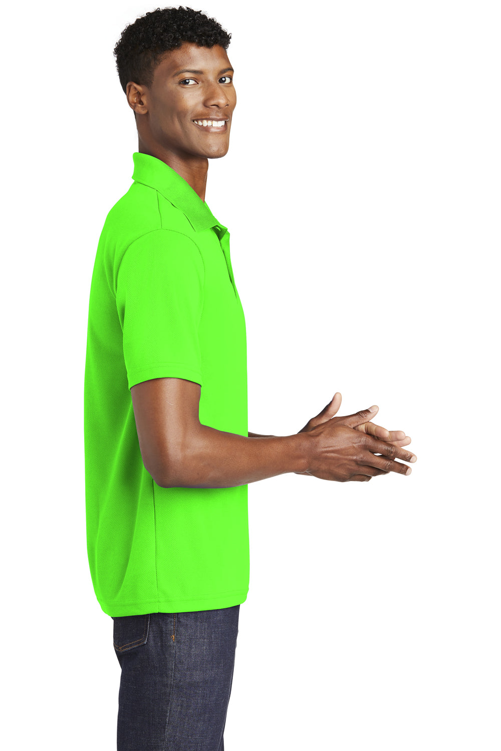 Sport-Tek ST640 Mens RacerMesh Moisture Wicking Short Sleeve Polo Shirt Neon Green Model Side