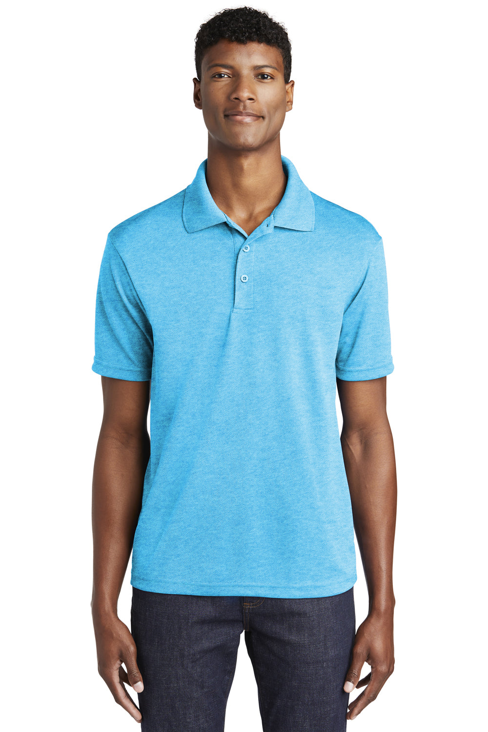 Sport-Tek ST640 Mens RacerMesh Moisture Wicking Short Sleeve Polo Shirt Heather Pond Blue Model Front