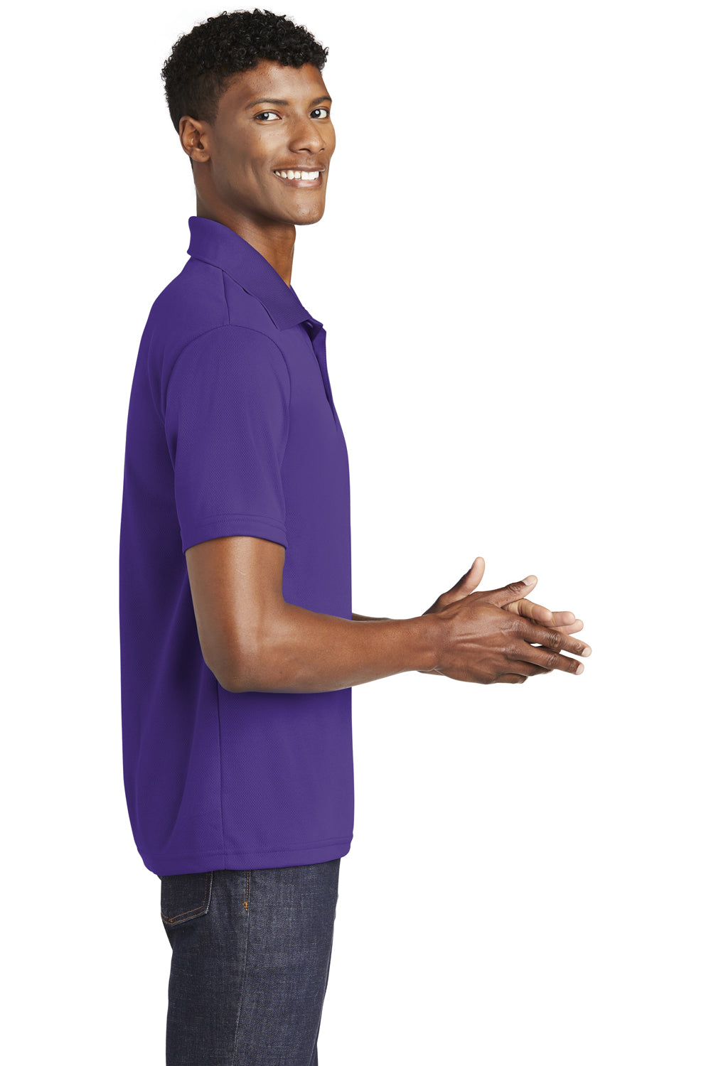 Sport-Tek ST640 Mens RacerMesh Moisture Wicking Short Sleeve Polo Shirt Purple Model Side