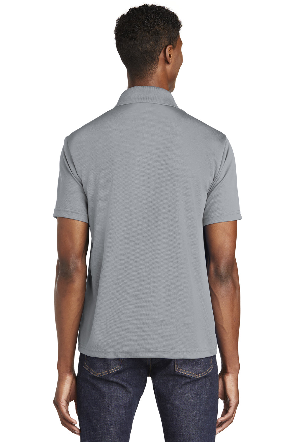 Sport-Tek ST640 Mens RacerMesh Moisture Wicking Short Sleeve Polo Shirt Silver Grey Model Back