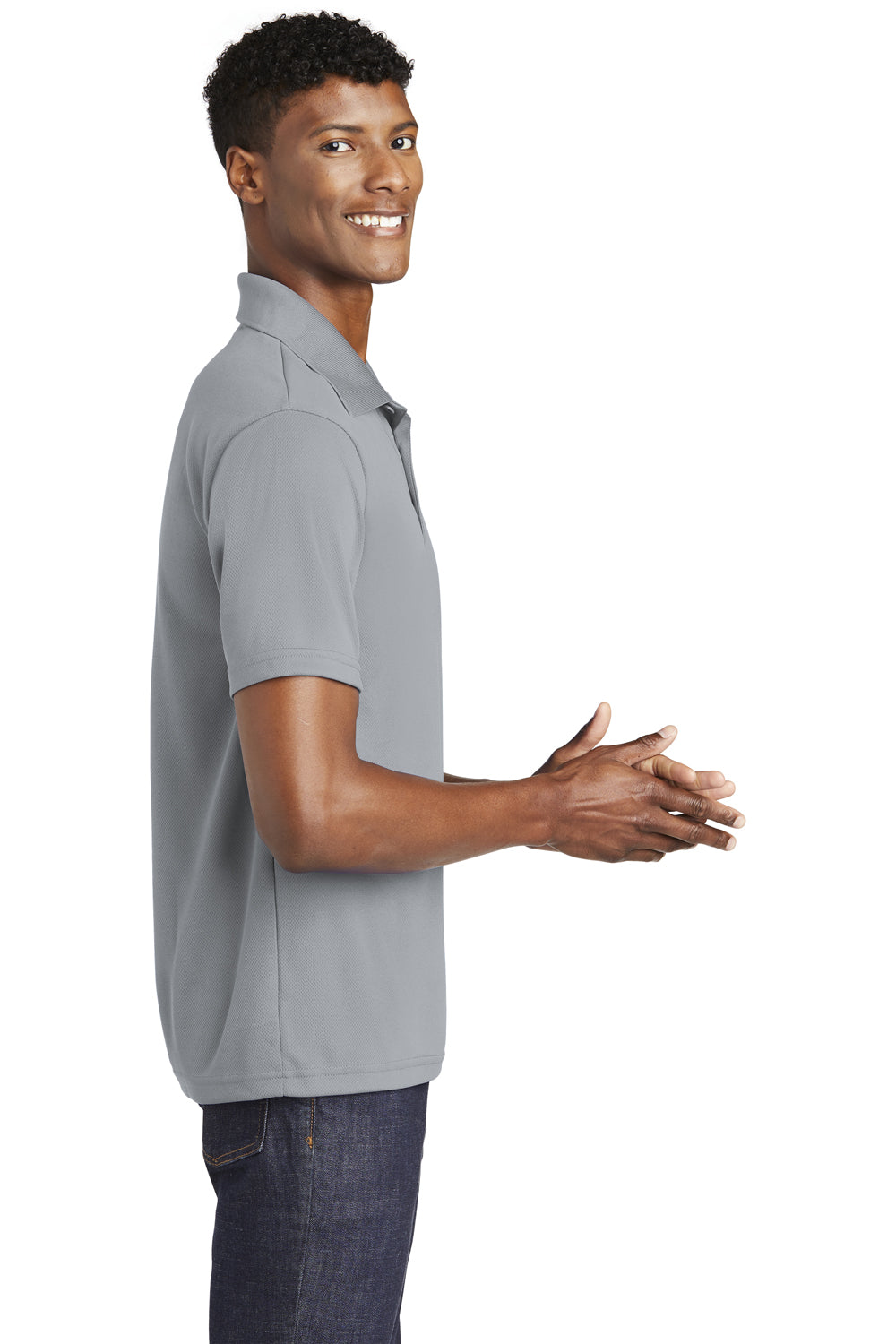 Sport-Tek ST640 Mens RacerMesh Moisture Wicking Short Sleeve Polo Shirt Silver Grey Model Side