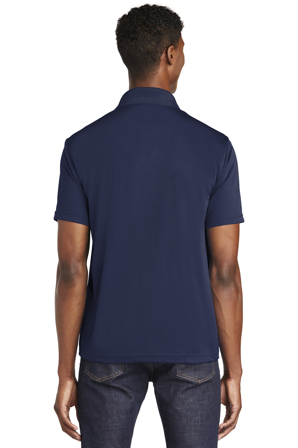 Sport-Tek ST640 Mens RacerMesh Moisture Wicking Short Sleeve Polo Shirt True Navy Blue Model Back