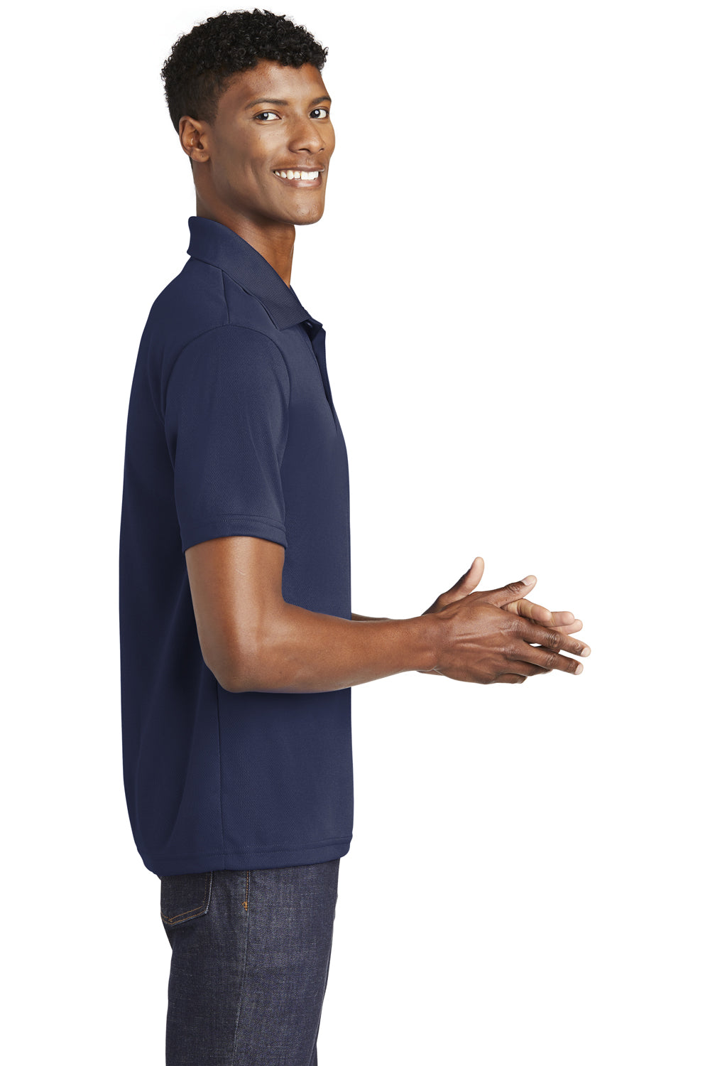 Sport-Tek ST640 Mens RacerMesh Moisture Wicking Short Sleeve Polo Shirt True Navy Blue Model Side