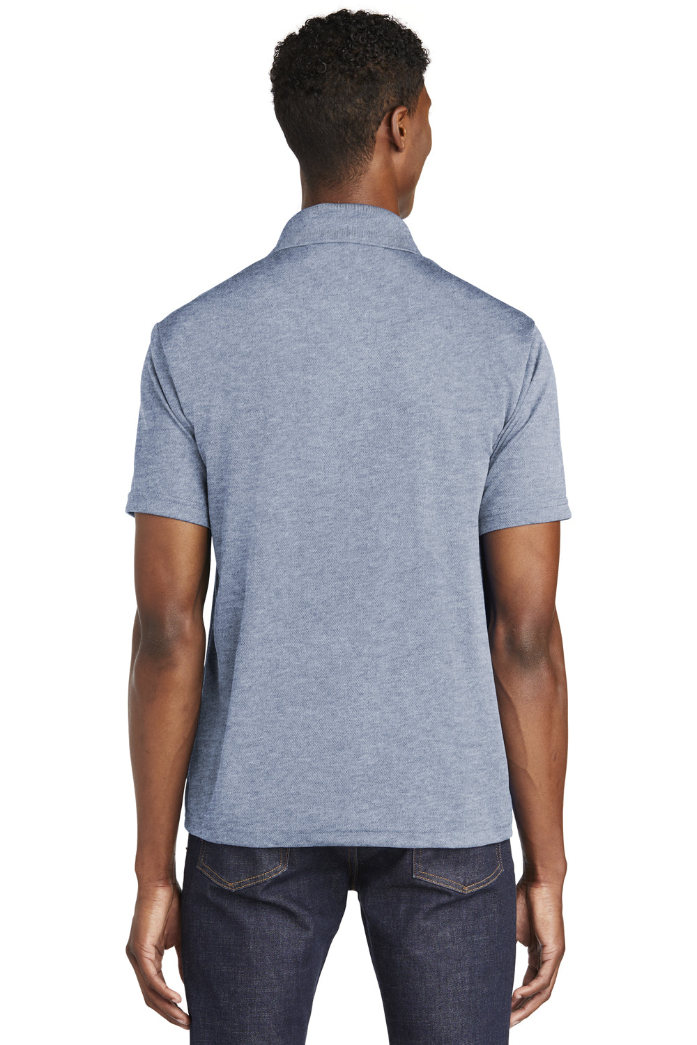 Sport-Tek ST640 Mens RacerMesh Moisture Wicking Short Sleeve Polo Shirt Heather True Navy Blue Model Back