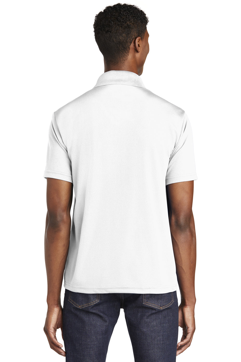 Sport-Tek ST640 Mens RacerMesh Moisture Wicking Short Sleeve Polo Shirt White Model Back