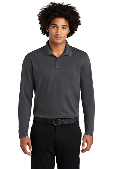 Sport-Tek ST640LS Mens RacerMesh Moisture Wicking Long Sleeve Polo Shirt Graphite Grey Model Front