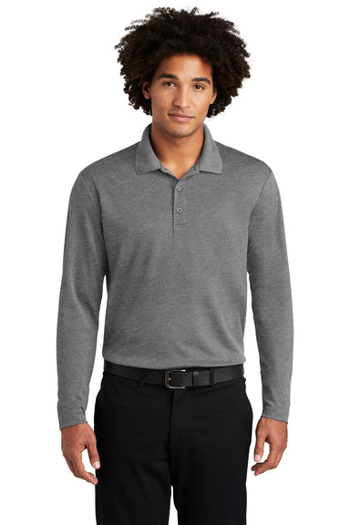 Sport-Tek ST640LS Mens RacerMesh Moisture Wicking Long Sleeve Polo Shirt Heather Grey Model Front