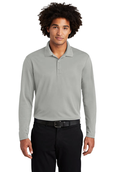 Sport-Tek ST640LS Mens RacerMesh Moisture Wicking Long Sleeve Polo Shirt Silver Grey Model Front