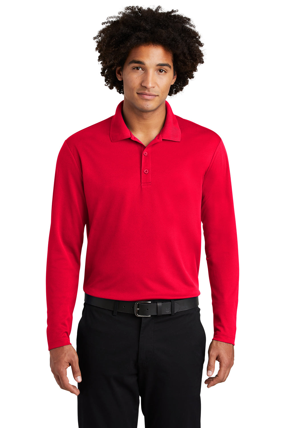 Sport-Tek ST640LS Mens RacerMesh Moisture Wicking Long Sleeve Polo Shirt True Red Model Front