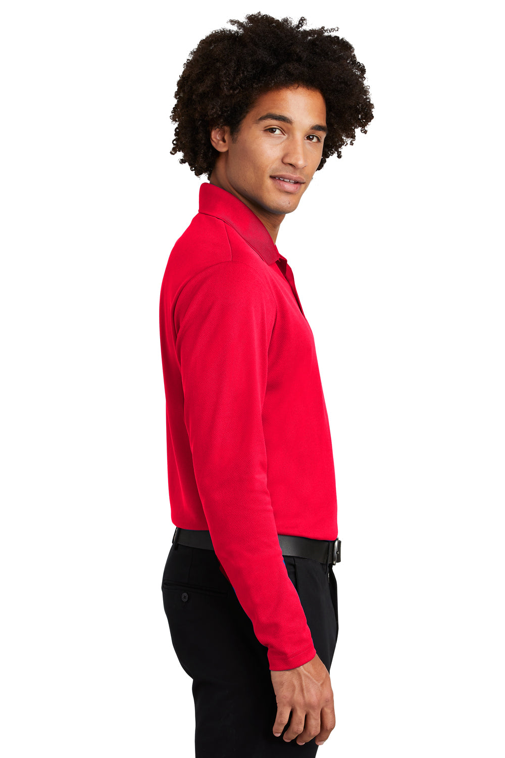 Sport-Tek ST640LS Mens RacerMesh Moisture Wicking Long Sleeve Polo Shirt True Red Model Side