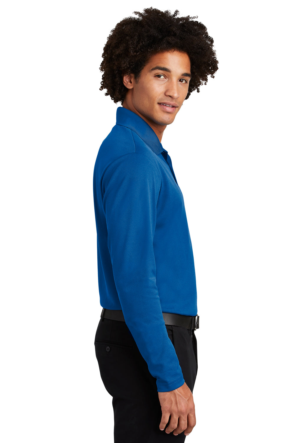 Sport-Tek ST640LS Mens RacerMesh Moisture Wicking Long Sleeve Polo Shirt True Royal Blue Model Side