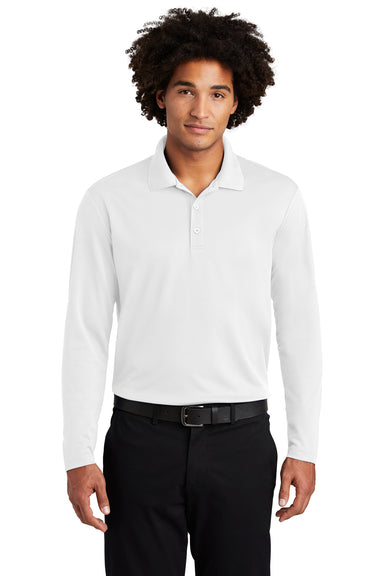 Sport-Tek ST640LS Mens RacerMesh Moisture Wicking Long Sleeve Polo Shirt White Model Front