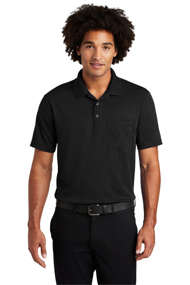 Sport-Tek ST640P Mens RacerMesh Moisture Wicking Short Sleeve Polo Shirt w/ Pocket Black Model Front