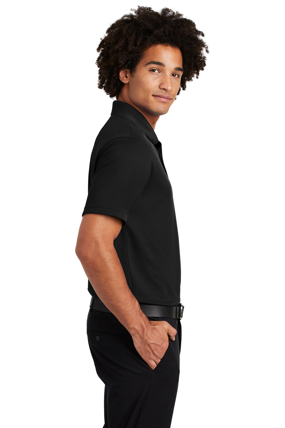 Sport-Tek ST640P Mens RacerMesh Moisture Wicking Short Sleeve Polo Shirt w/ Pocket Black Model Side