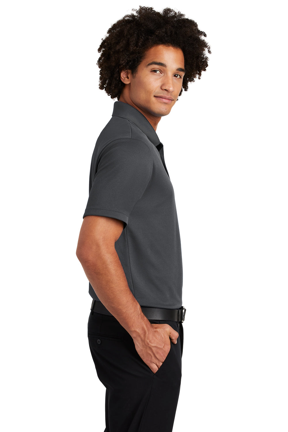 Sport-Tek ST640P Mens RacerMesh Moisture Wicking Short Sleeve Polo Shirt w/ Pocket Graphite Grey Model Side