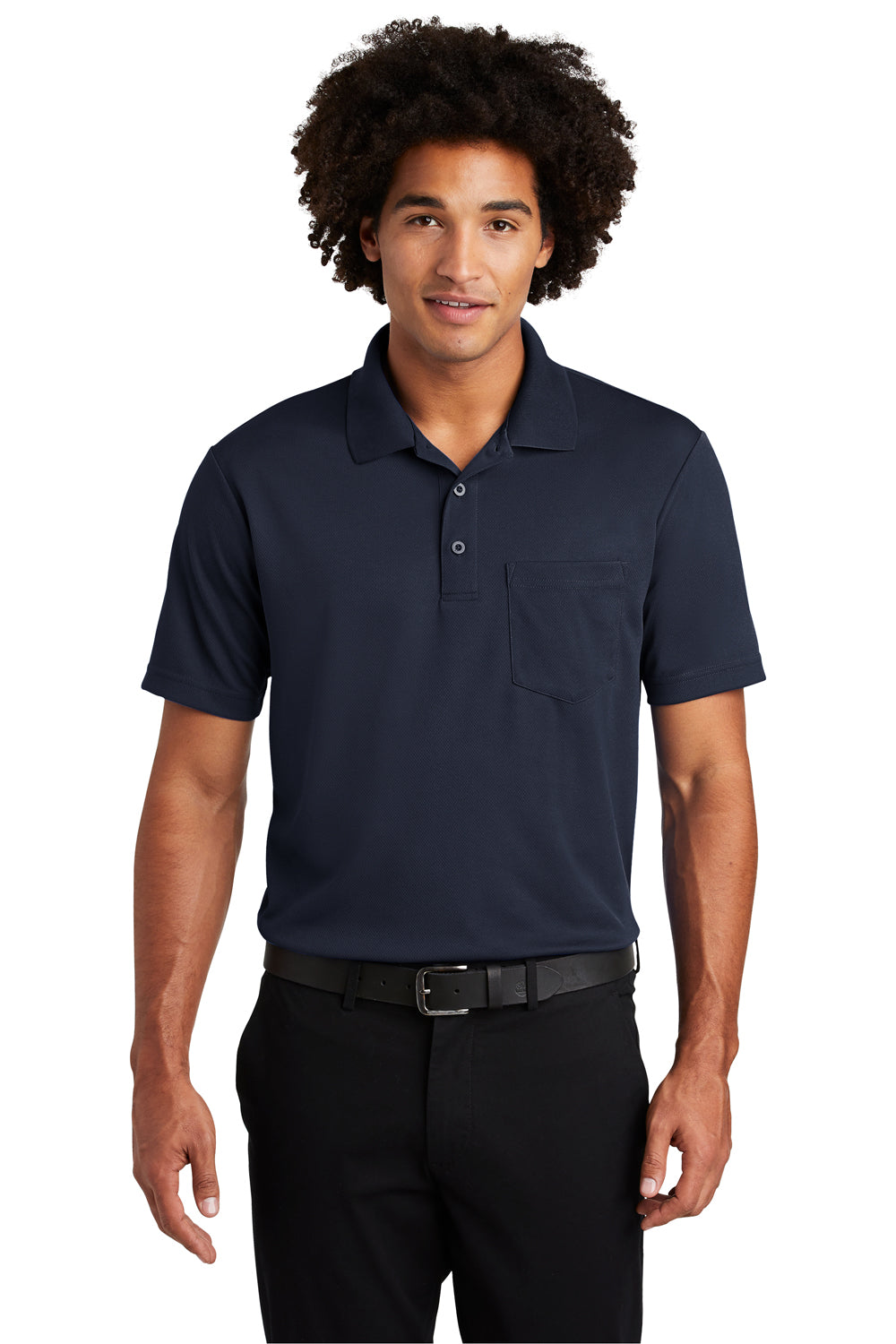 Sport-Tek ST640P Mens RacerMesh Moisture Wicking Short Sleeve Polo Shirt w/ Pocket True Navy Blue Model Front