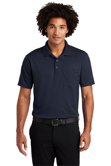 Sport-Tek ST640P Mens RacerMesh Moisture Wicking Short Sleeve Polo Shirt w/ Pocket True Navy Blue Model Front