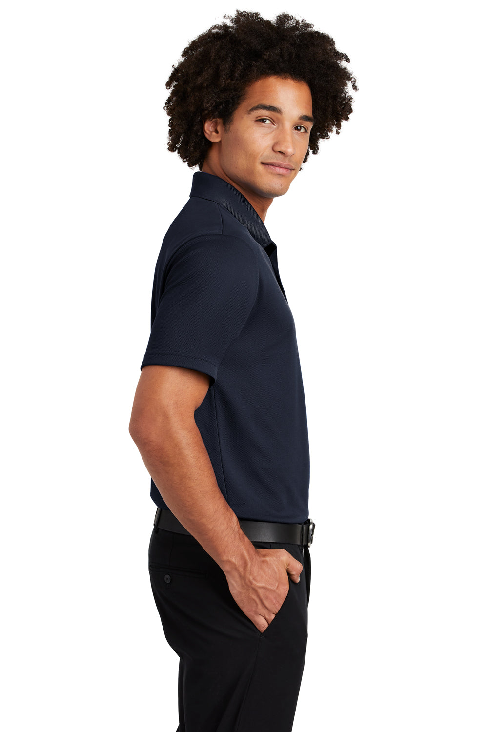 Sport-Tek ST640P Mens RacerMesh Moisture Wicking Short Sleeve Polo Shirt w/ Pocket True Navy Blue Model Side