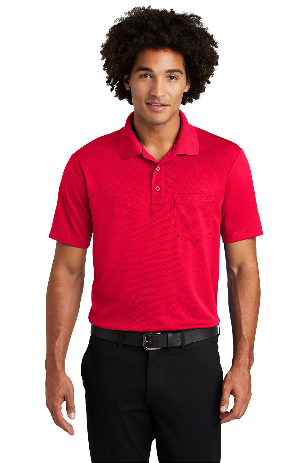 Sport-Tek ST640P Mens RacerMesh Moisture Wicking Short Sleeve Polo Shirt w/ Pocket True Red Model Front