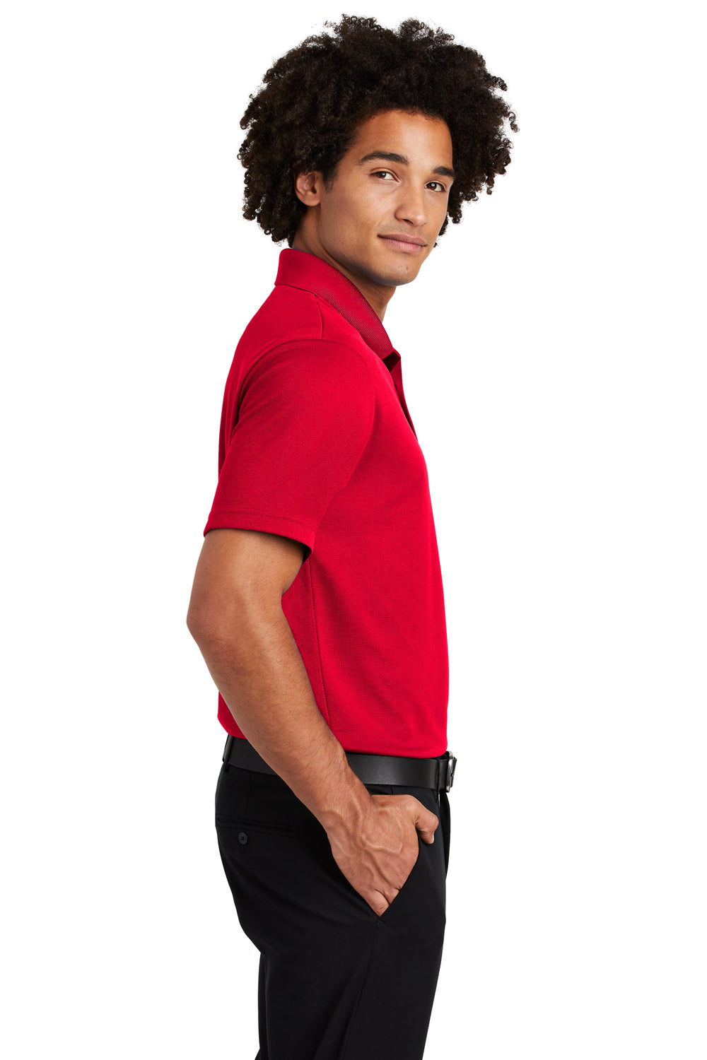 Sport-Tek ST640P Mens RacerMesh Moisture Wicking Short Sleeve Polo Shirt w/ Pocket True Red Model Side