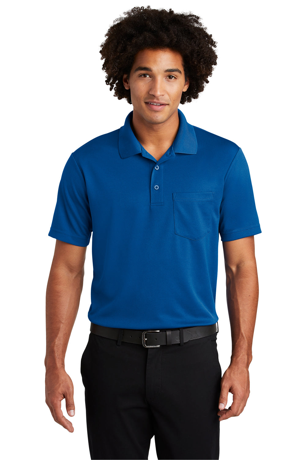 Sport-Tek ST640P Mens RacerMesh Moisture Wicking Short Sleeve Polo Shirt w/ Pocket True Royal Blue Model Front