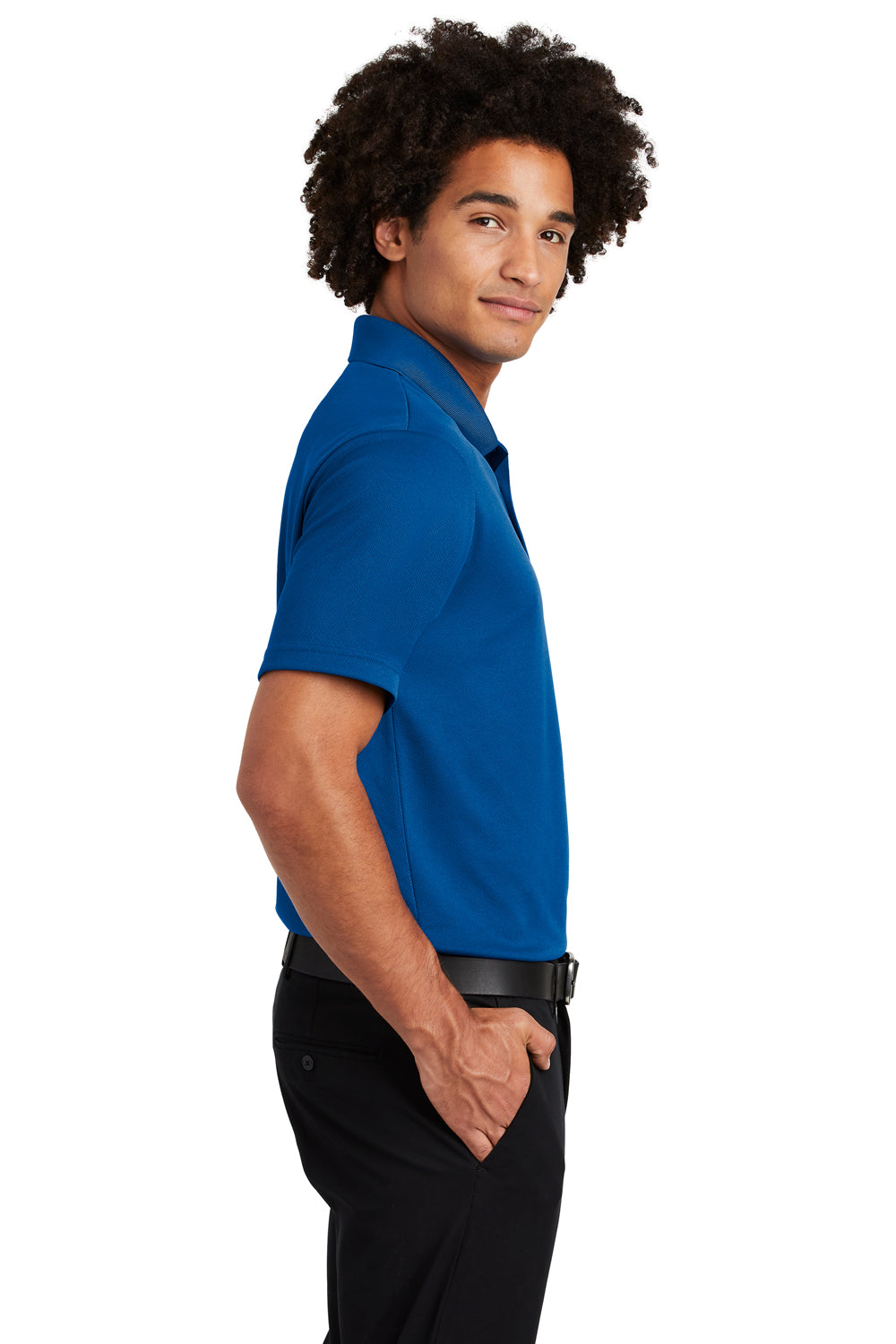 Sport-Tek ST640P Mens RacerMesh Moisture Wicking Short Sleeve Polo Shirt w/ Pocket True Royal Blue Model Side