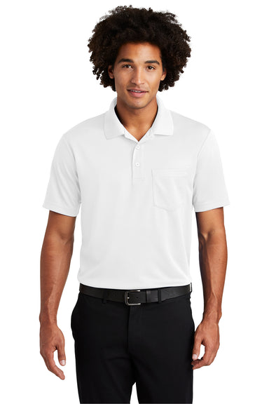 Sport-Tek ST640P Mens RacerMesh Moisture Wicking Short Sleeve Polo Shirt w/ Pocket White Model Front