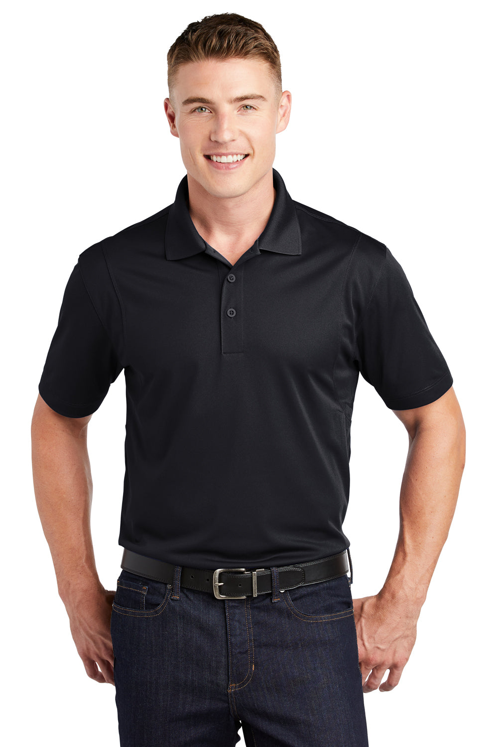 Sport-Tek ST650/TST650 Mens Sport-Wick Moisture Wicking Short Sleeve Polo Shirt Black Model Front