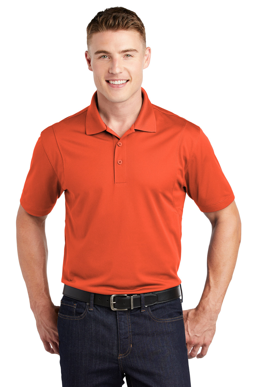 Sport-Tek ST650/TST650 Mens Sport-Wick Moisture Wicking Short Sleeve Polo Shirt Deep Orange Model Front