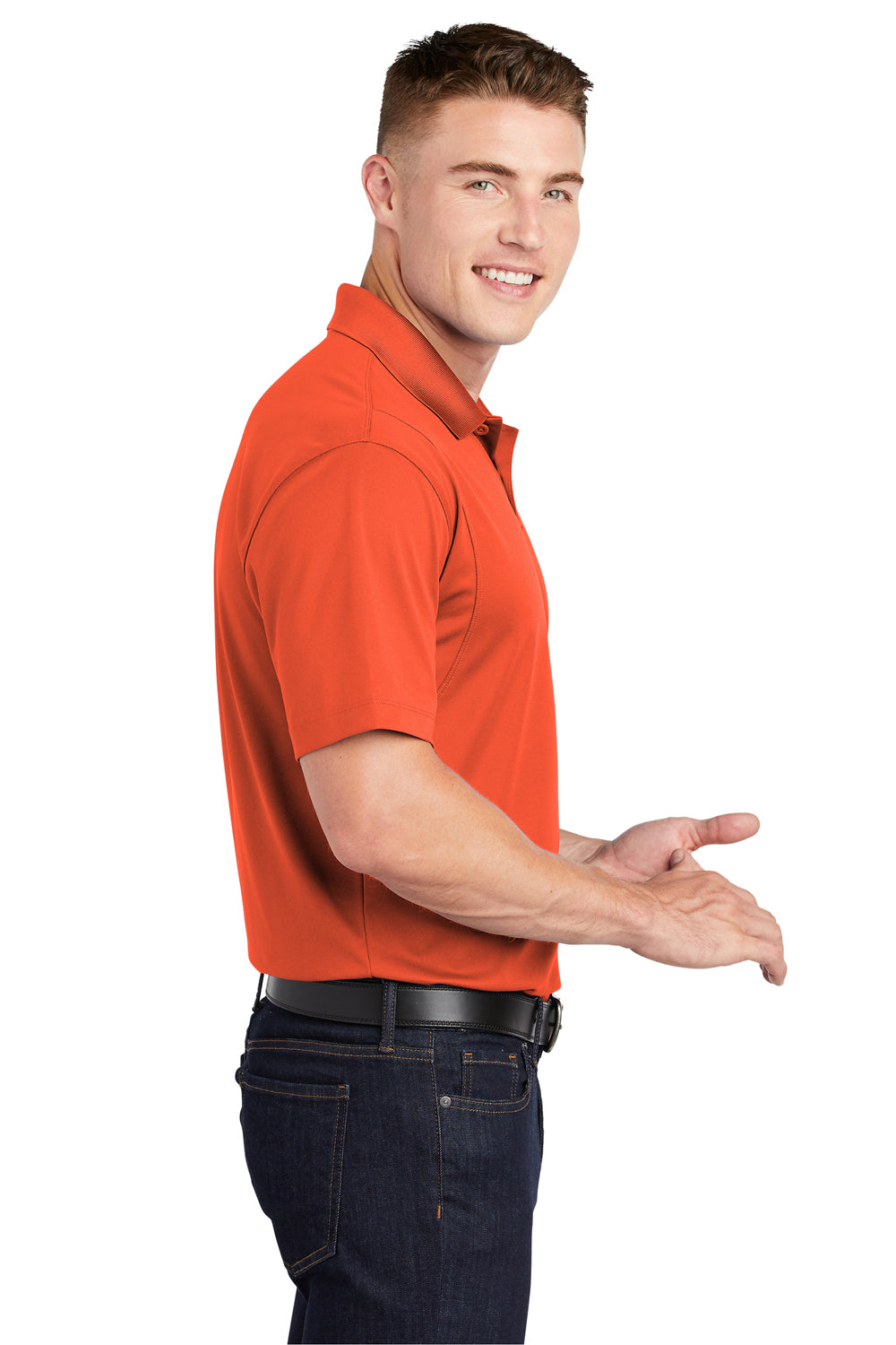 Sport-Tek ST650/TST650 Mens Sport-Wick Moisture Wicking Short Sleeve Polo Shirt Deep Orange Model Side