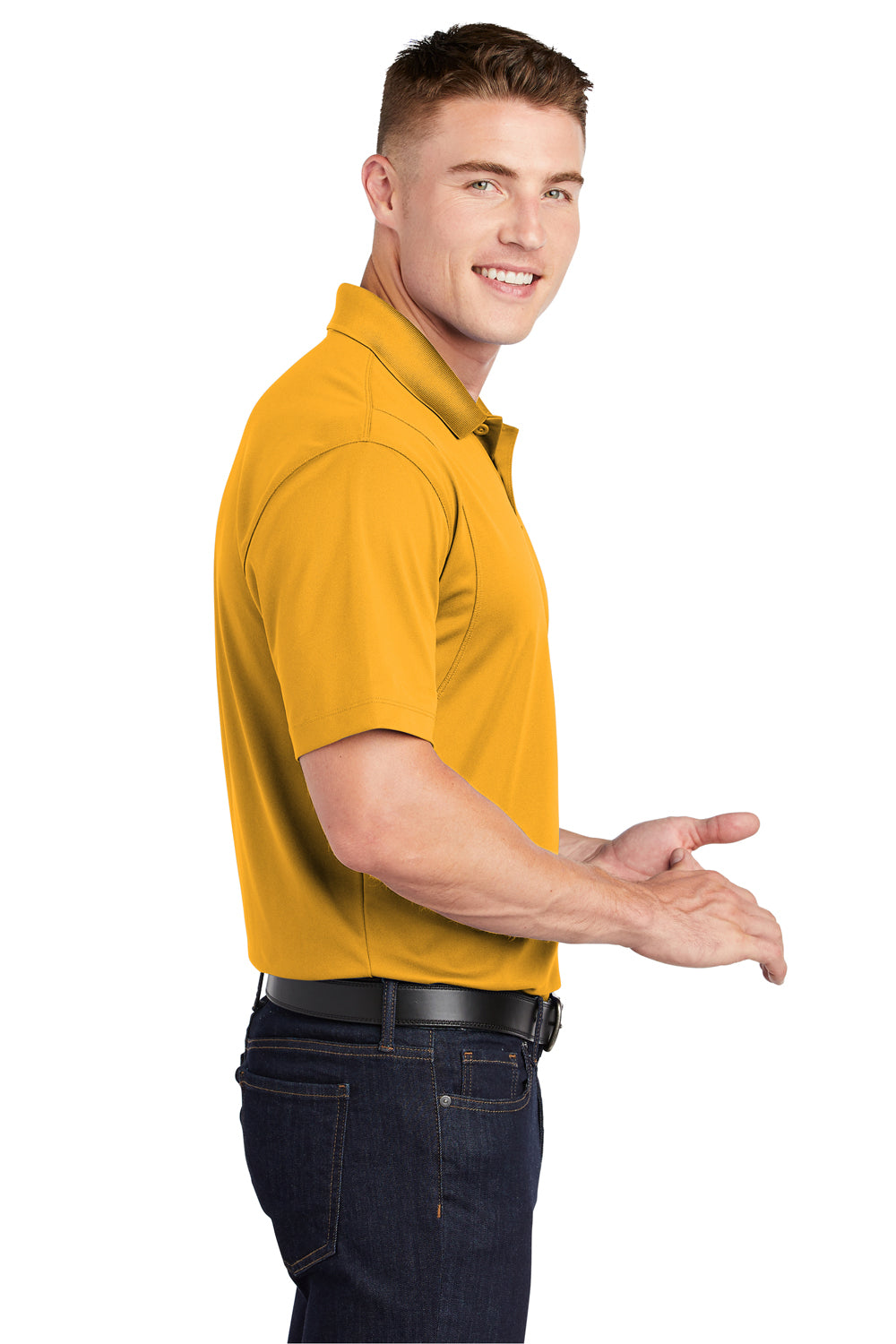 Sport-Tek ST650/TST650 Mens Sport-Wick Moisture Wicking Short Sleeve Polo Shirt Gold Model Side