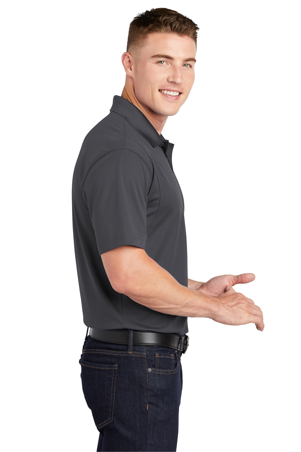 Sport-Tek ST650/TST650 Mens Sport-Wick Moisture Wicking Short Sleeve Polo Shirt Iron Grey Model Side