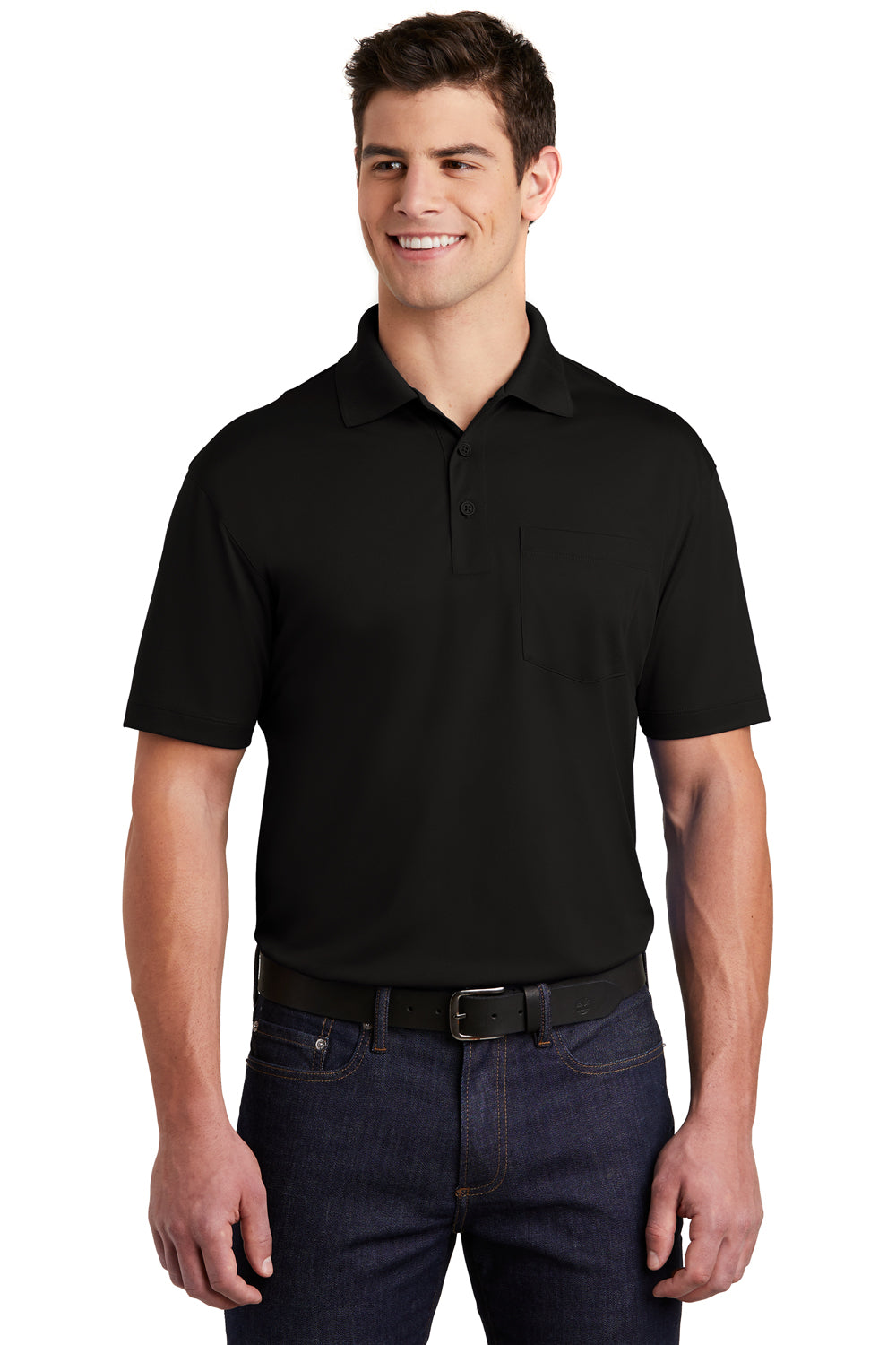 Sport-Tek ST651 Mens Sport-Wick Moisture Wicking Short Sleeve Polo Shirt w/ Pocket Black Model Front