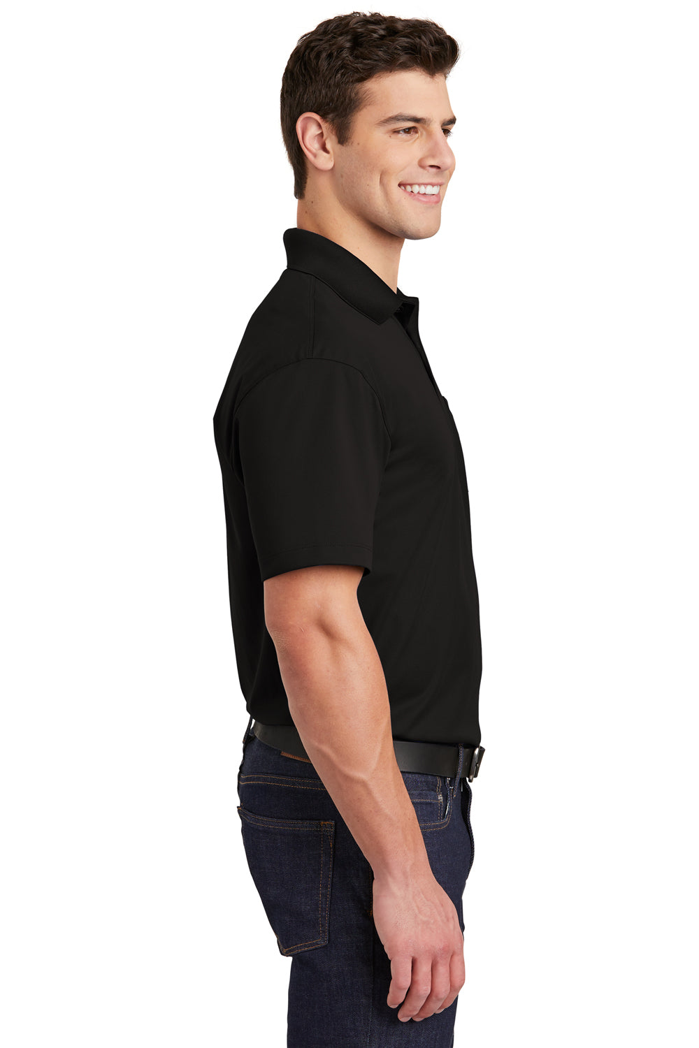 Sport-Tek ST651 Mens Sport-Wick Moisture Wicking Short Sleeve Polo Shirt w/ Pocket Black Model Side