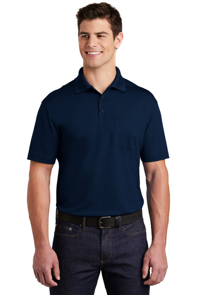 Sport-Tek ST651 Mens Sport-Wick Moisture Wicking Short Sleeve Polo Shirt w/ Pocket True Navy Blue Model Front