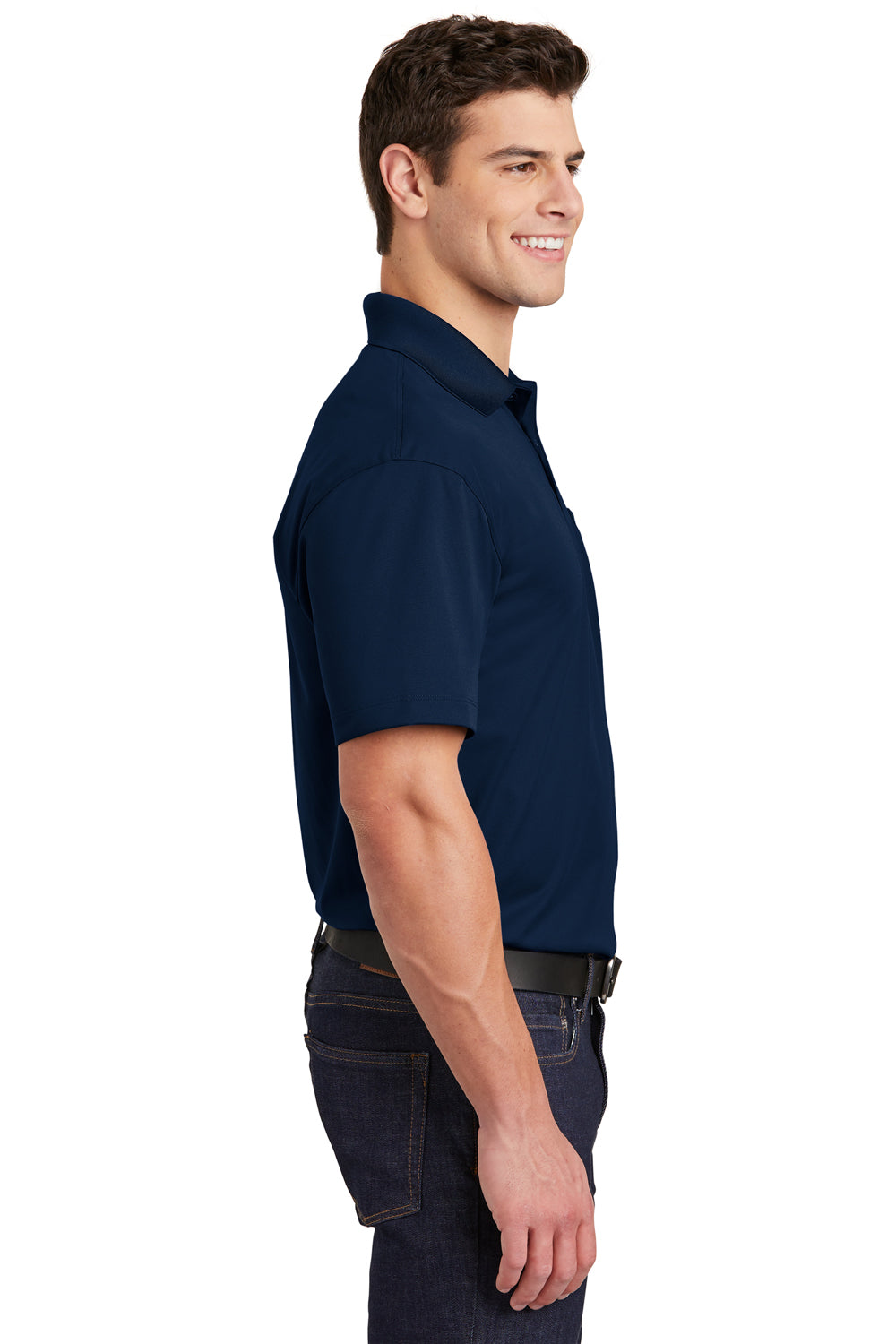 Sport-Tek ST651 Mens Sport-Wick Moisture Wicking Short Sleeve Polo Shirt w/ Pocket True Navy Blue Model Side