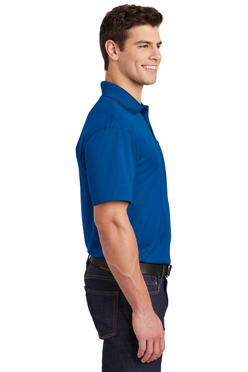 Sport-Tek ST651 Mens Sport-Wick Moisture Wicking Short Sleeve Polo Shirt w/ Pocket True Royal Blue Model Side