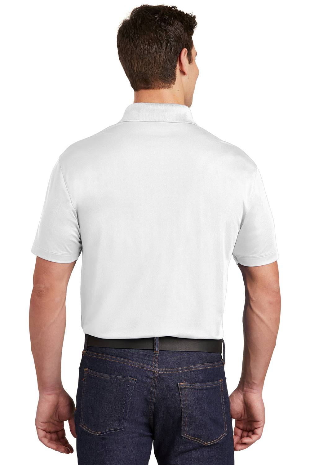 Sport-Tek ST651 Mens Sport-Wick Moisture Wicking Short Sleeve Polo Shirt w/ Pocket White Model Back