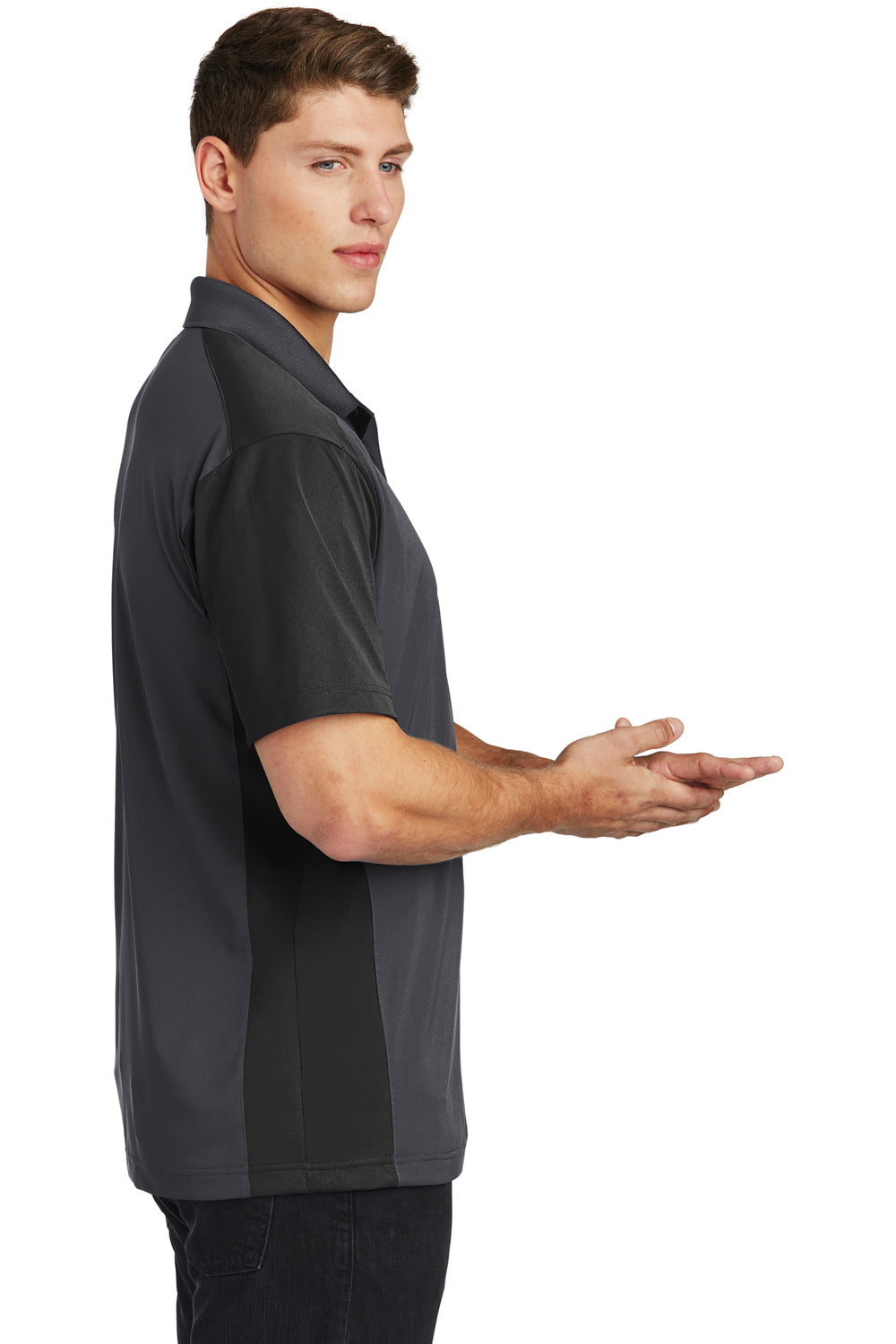 Sport-Tek ST652 Mens Sport-Wick Moisture Wicking Short Sleeve Polo Shirt Iron Grey/Black Model Side