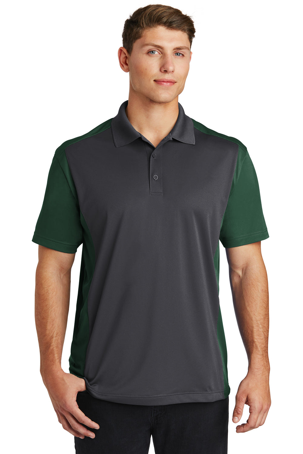 Sport-Tek ST652 Mens Sport-Wick Moisture Wicking Short Sleeve Polo Shirt Iron Grey/Forest Green Model Front